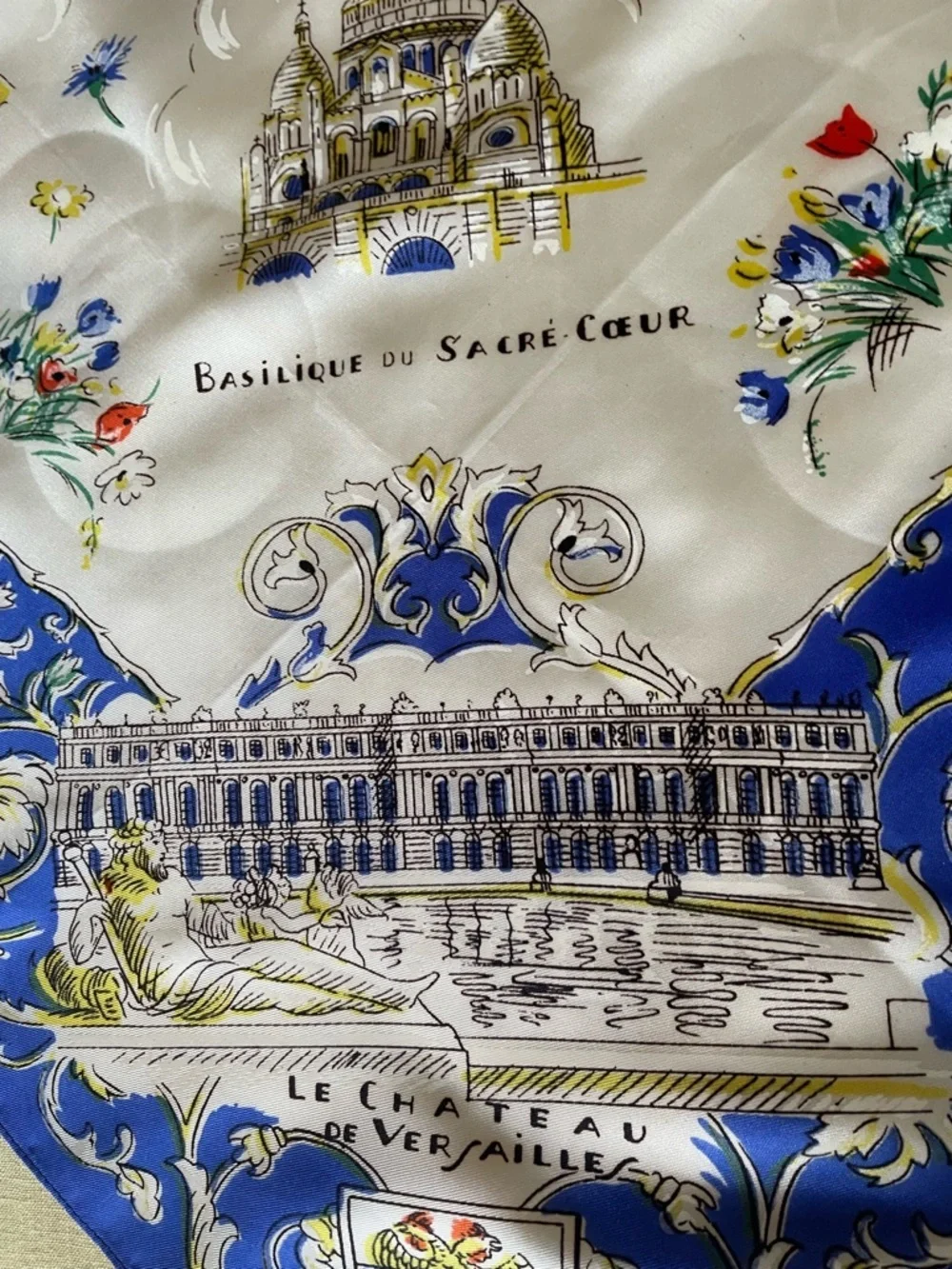 Parisian Eiffel Tower Vintage Souvenir Scarf-Blue, White & Gold Flowers Map